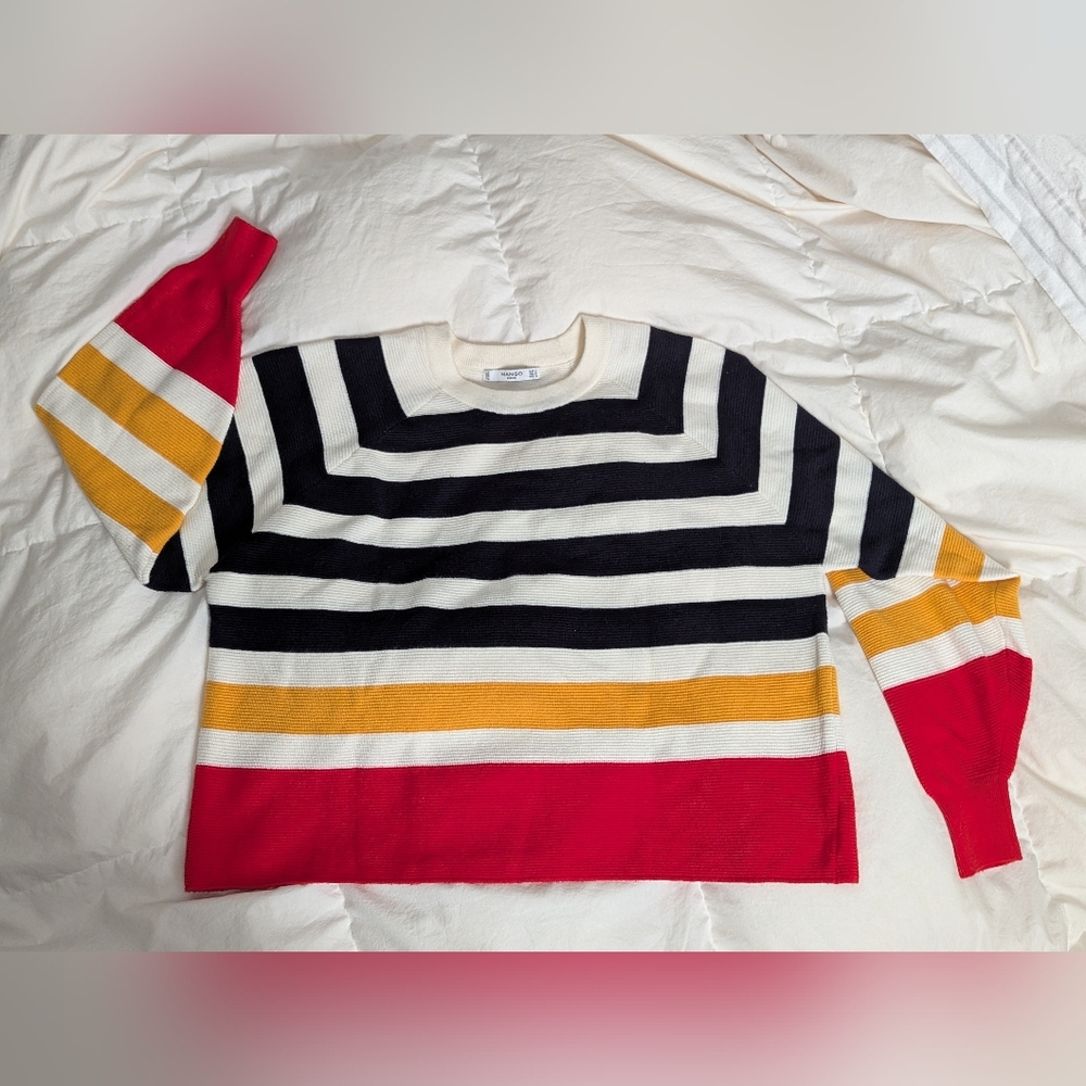 Mango Striped Crewneck Sweater in Black, White, Mustard & Red